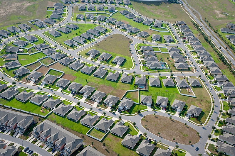 Aerial view of a housing development community