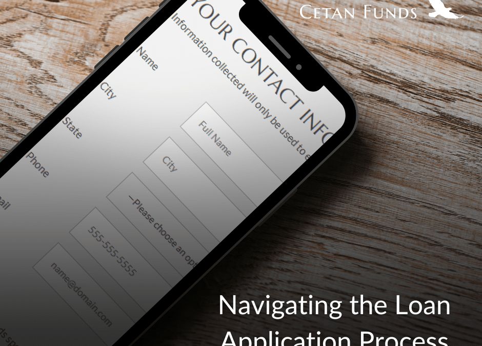 "Navigating the Loan Application Process" in white text under a mobile phone with the Cetan Funds application on the screen