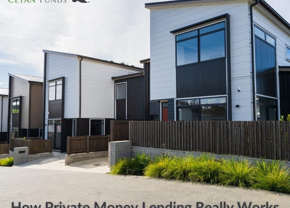 "How Private Money Lending Really Works" under an exterior photo of white townhomes and a Cetan Funds logo