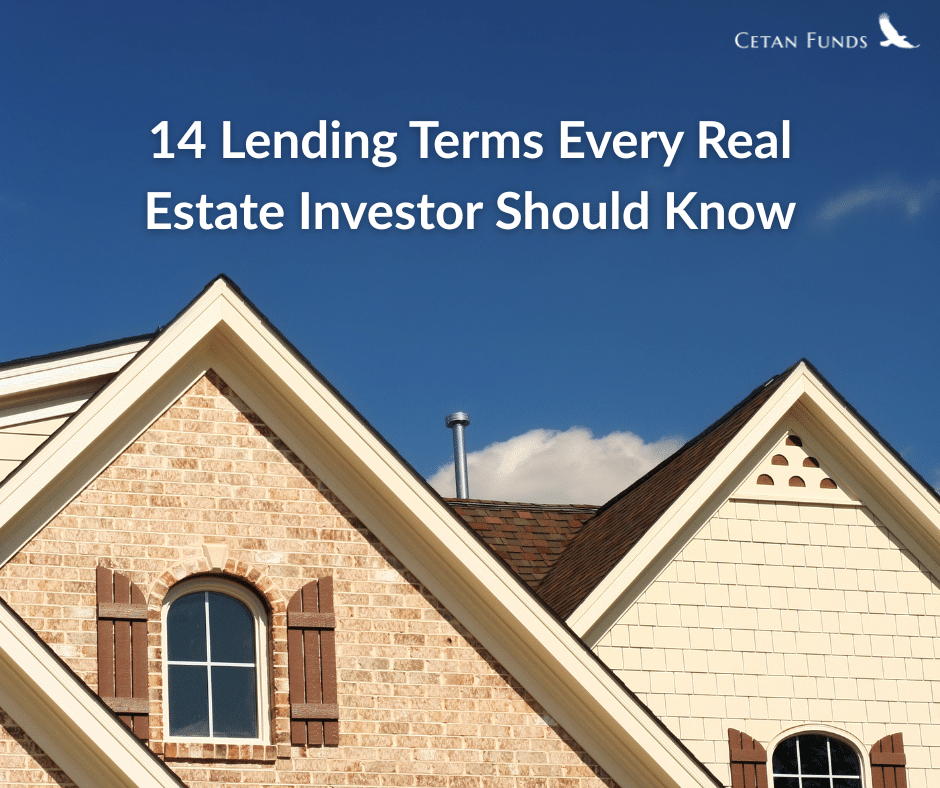 "14 Lending Terms Every Real Estate Investor Should Know" in text over an exterior photo of a home