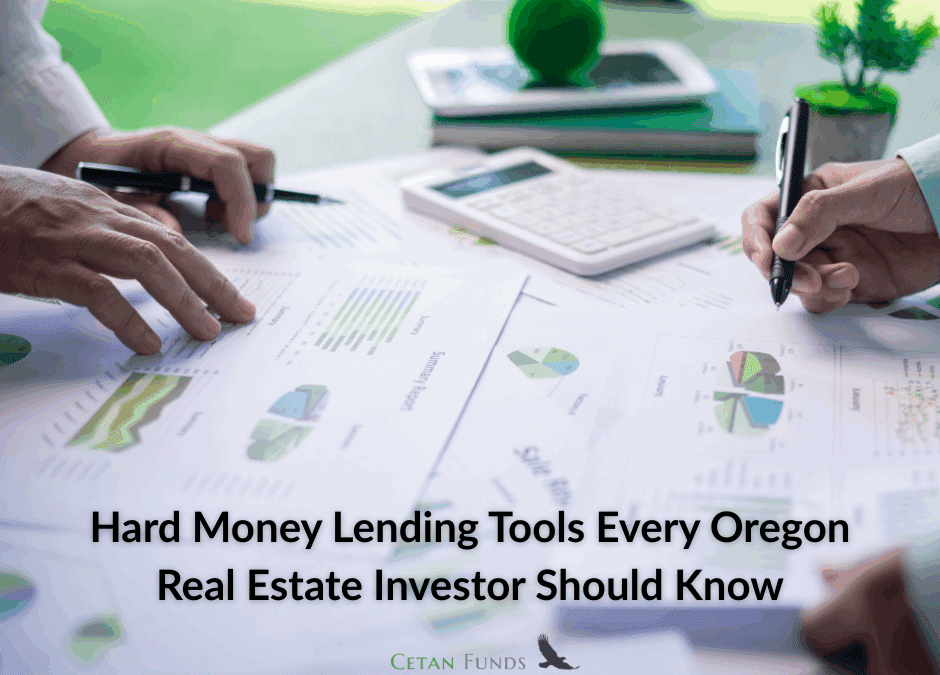 "Hard Money Lending Tools Every Oregon Real Estate Investor Should Know" in text under pages of graphs and charts