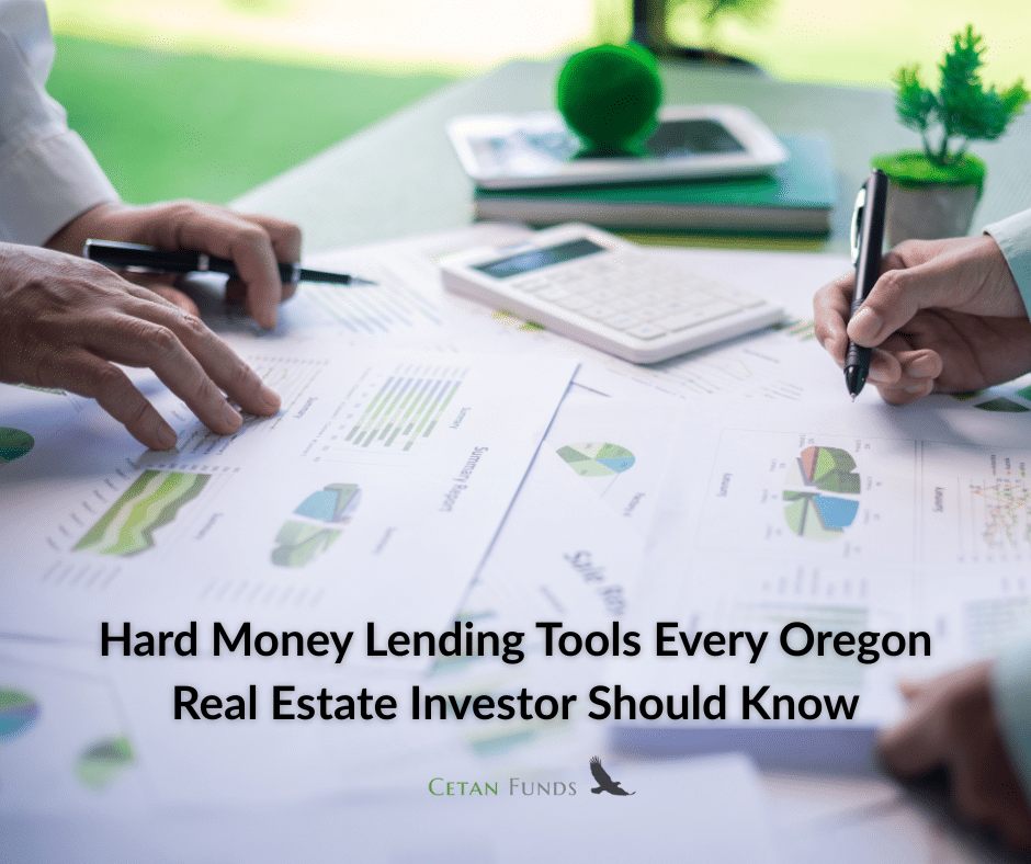 "Hard Money Lending Tools Every Oregon Real Estate Investor Should Know" in text under pages of graphs and charts