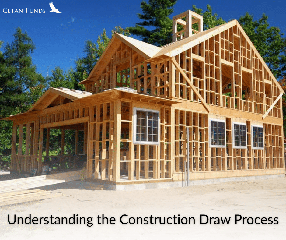 "Understanding the Construction Draw Process" in text under a home during the construction process