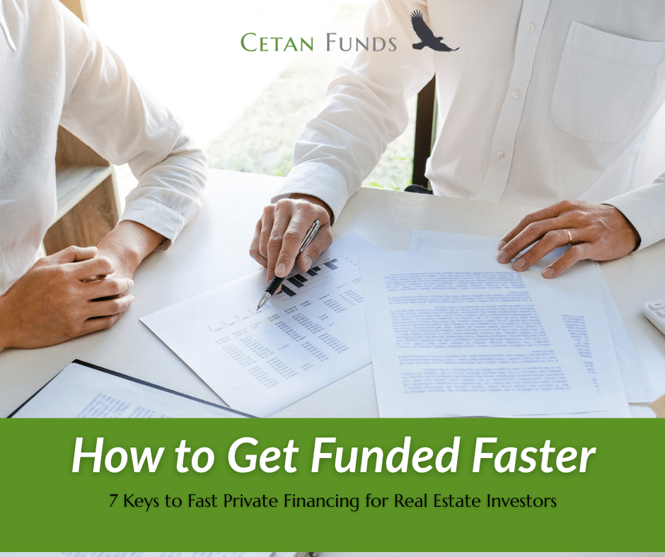 "How to Get Funded Faster - 7 Keys to Fast Private Financing for Real Estate Investors" in text under an image of two people reviewing papers